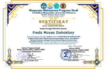 Freds Mozes Daboklory, Juara I Lomba Menulis Artikel Ilmiah tingkat PSDKU Kab. Maluku Barat Daya