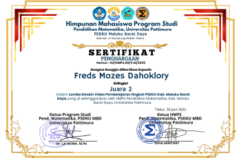 Freds Mozes Daboklory, Juara 2 Lomba Desain Video Pembelajaran tingkat PSDKU Kab. Maluku Barat Daya